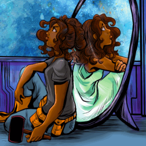Cover of the A Worthy Distortion comic. A woman sits with her back against a mirror. Her image in the mirror is a different version of herself.