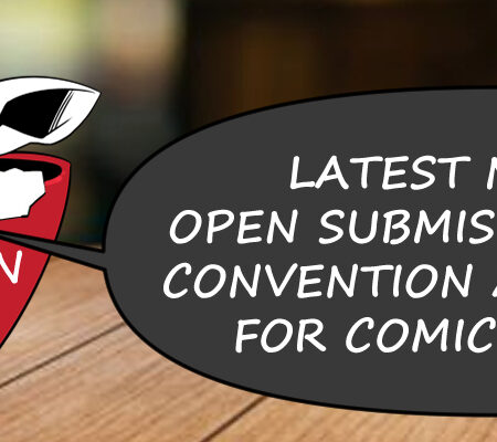 Tea Goblin Cafe logo has a white goblin in a red tea cup. He's peeking over the side with a speech balloon that says: Latest news on open submission calls & convention applications for comic creators.