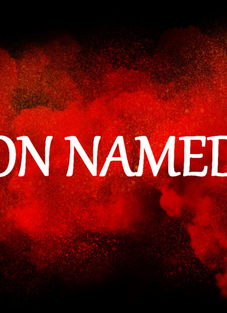Black background with a red powder blown across the image. White text on top says: A DEMON NAMED BIRCH.